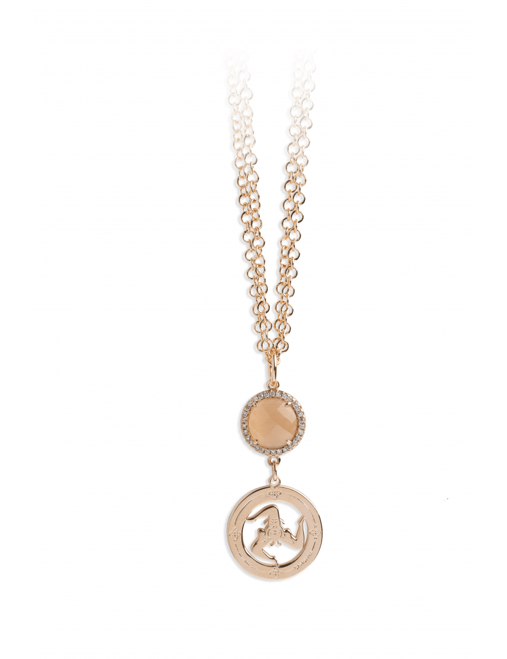 Collana Camurrìa A Trinacria 2 Fili Pvd Oro Rosa Con Quarzo Idrotermale e Pendente Cerchio Con Trinacria