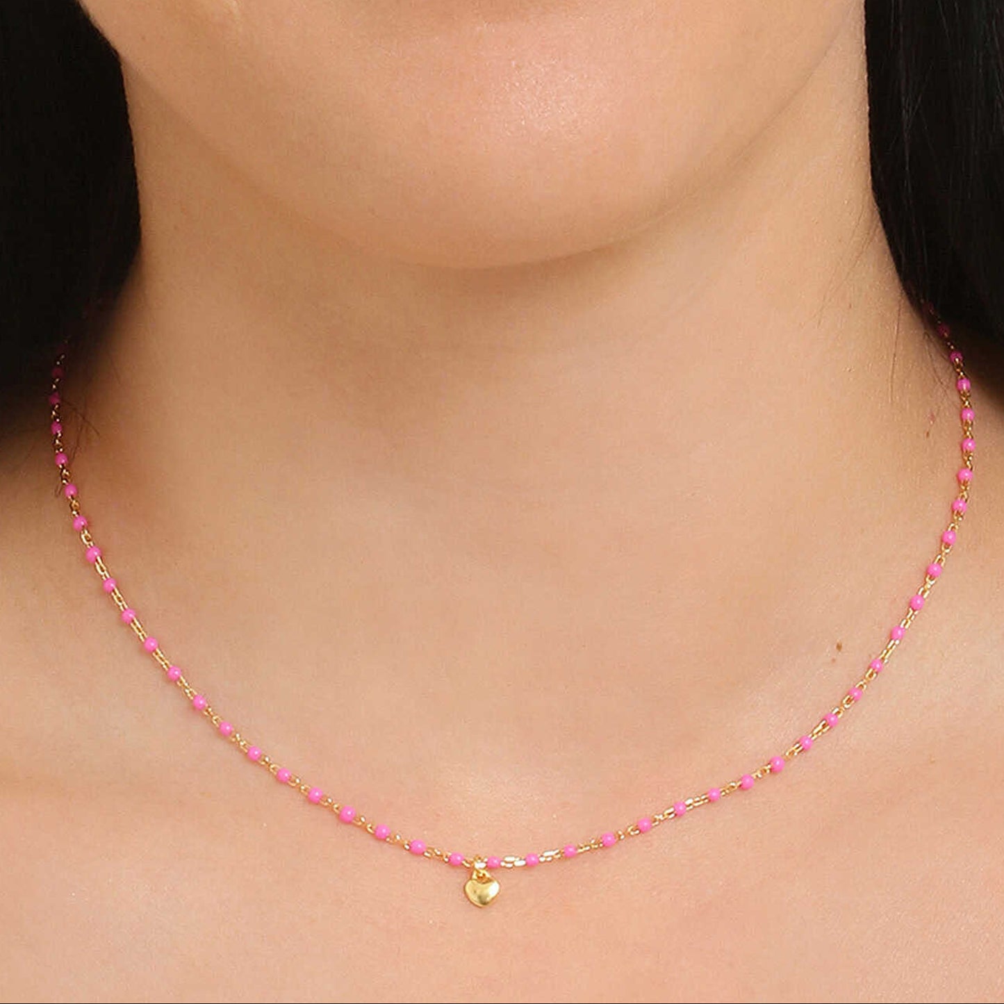 Collana Amen Amore Argento Dorato Smalti Fucsia Centrale Charm Cuore