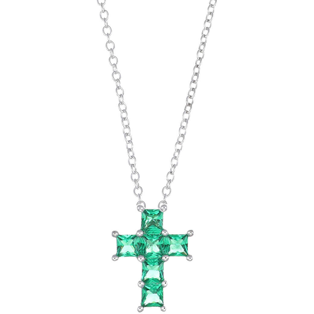 Collana Amen Croci Argento Pendente Croce Zirconi Verdi Taglio Carrè