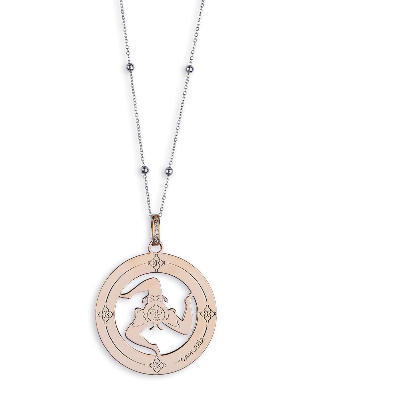 Collana Camurrìa A Tradizione A Trinacria In Acciao Ciondolo Pvd Oro Rosa Trinacria