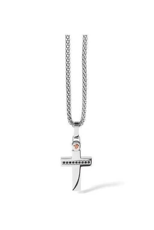 Collana Comete Zip Acciaio Pendente Croce Acciaio Pvd Oro Rosa Spinelli Neri