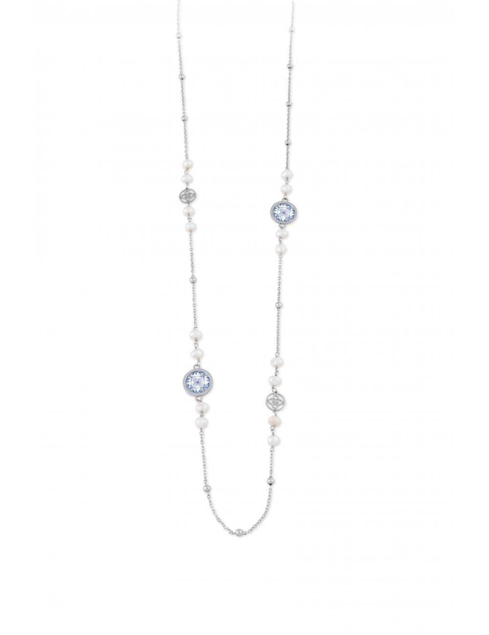 Collana Camurrìa A Maiolica Steel Lunga In Acciaio Con Perle E Monete Stampa Siciliana