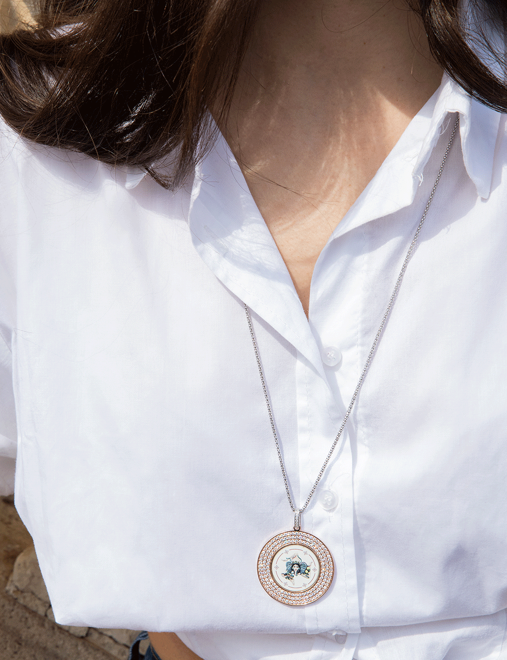 Collana Camurrìa A Tradizione A Trinacria Acciao Ciondolo Medaglia Stampa Siciliana e Strass