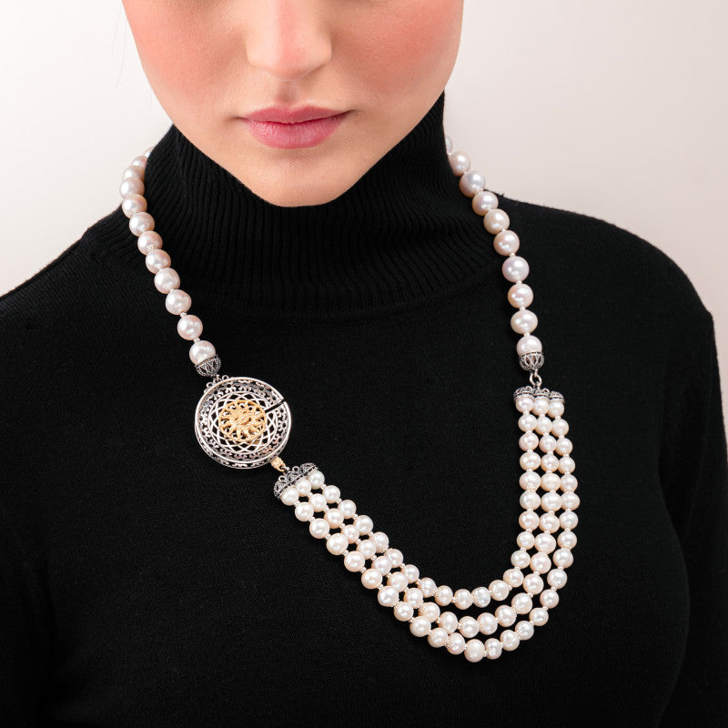 Collana Gerardo Sacco in Argento Perle Centrale 3 fili di Perle e Sole