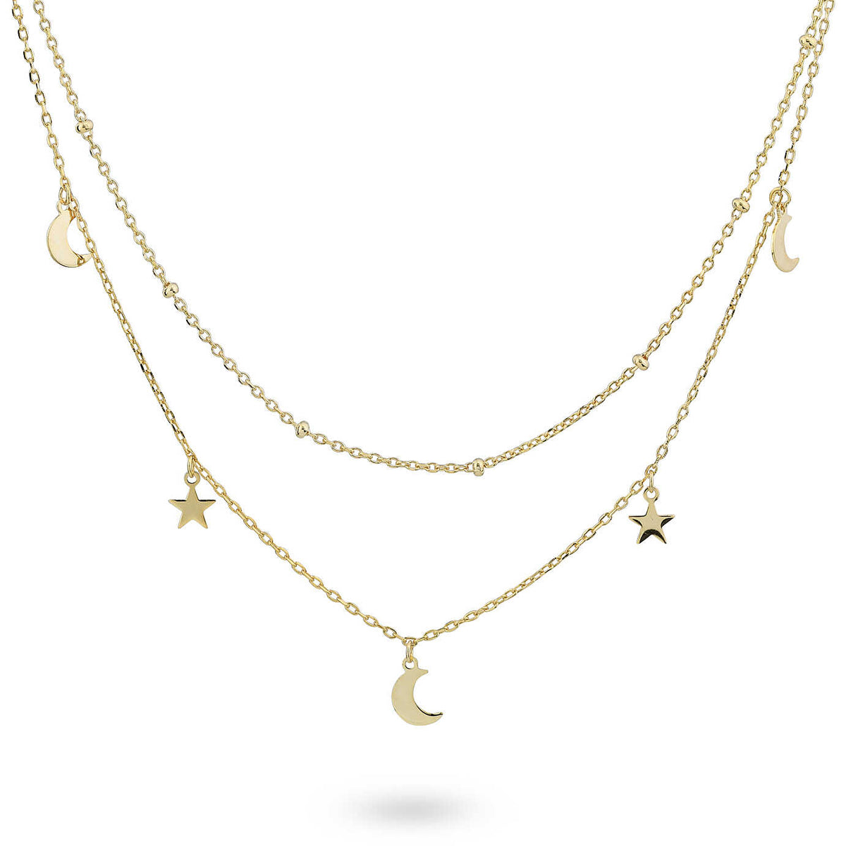 Collana Girocollo a 2 Fili Boccadamo Sophie Argento Dorato Pendenti Mezzelune e Stelle