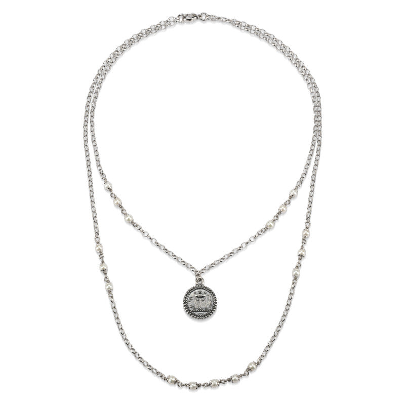 Collana Doppio Filo Gerardo Sacco Perle Argento Brunito con Pendente Moneta