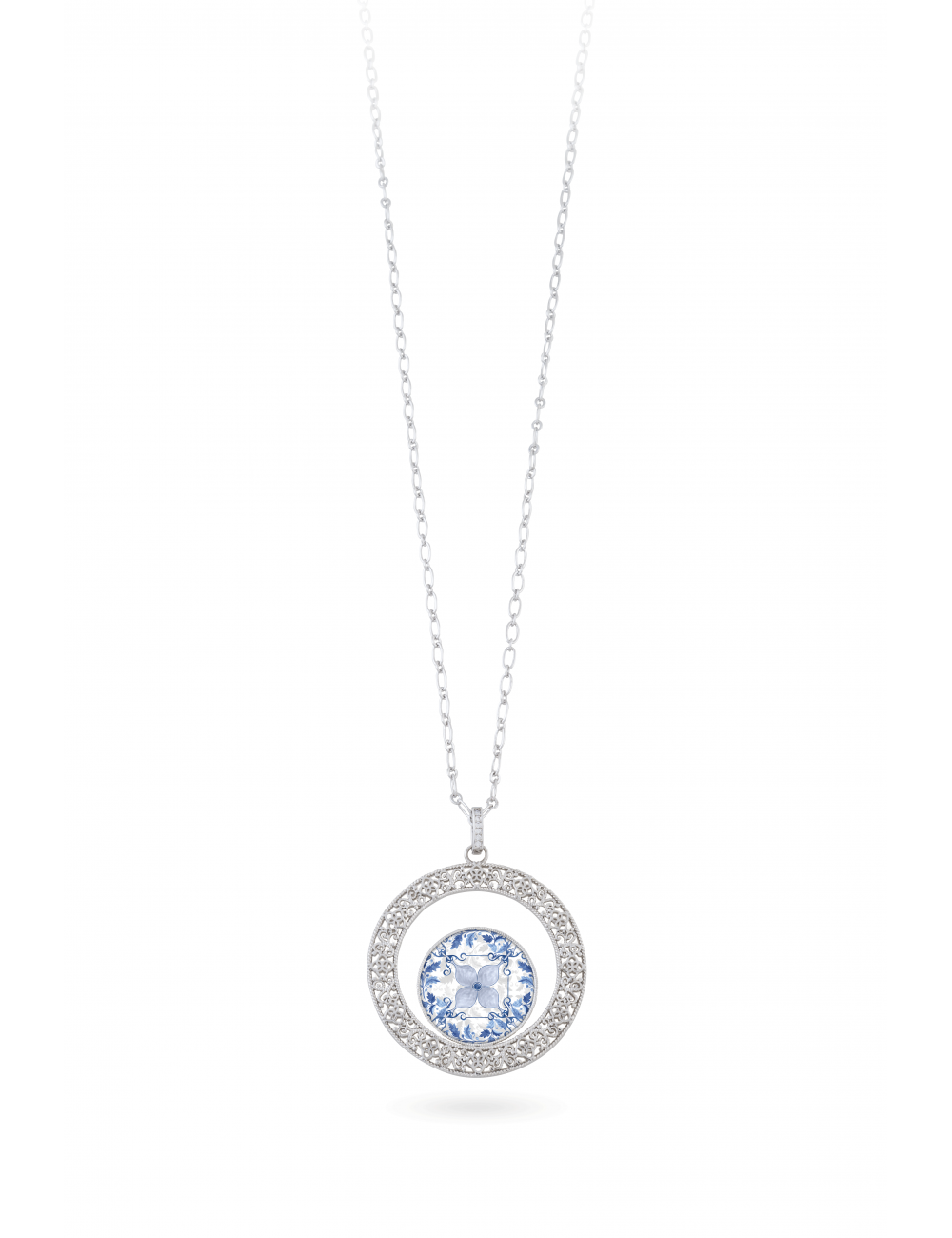 Collana Camurrìa A Maiolica Steel Lunga Con Pendente Tondo Stampa Maiolica Azzurra