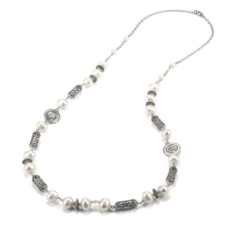 Collana Lunga Gerardo Sacco Perle Argento Brunito con Lanterne, volto di Hera, Maschera, Perle d'acqua dolce