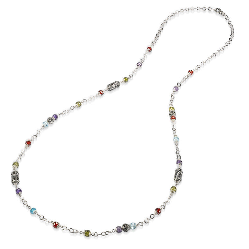 Collana Lunga Gerardo Sacco Iride Argento Brunito Cubic Zirconia Multicolor e Lanterne Mediterranee