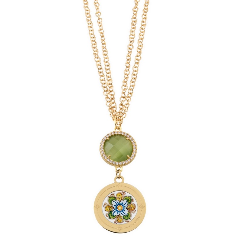 Collana 2 Fili Camurria M'ama Non M'ama Pvd Oro Pendente Doppio Cerchio con Strass e Stampa Fiore