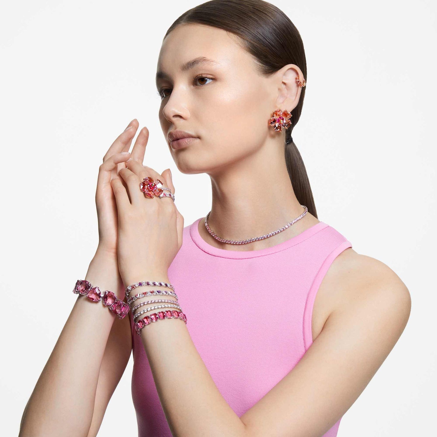 Collana Swarovski Matrix Tennis Taglio tondo, Rosa, Placcato rodio