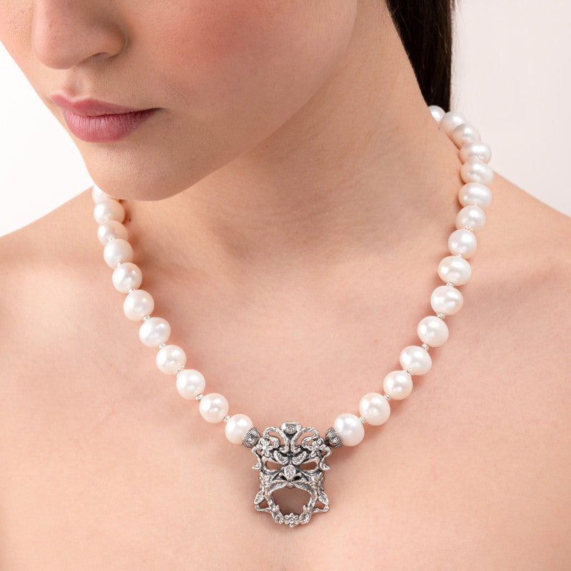 Girocollo Gerardo Sacco Maschere Perle Maschera Apotropaica in Argento Brunito