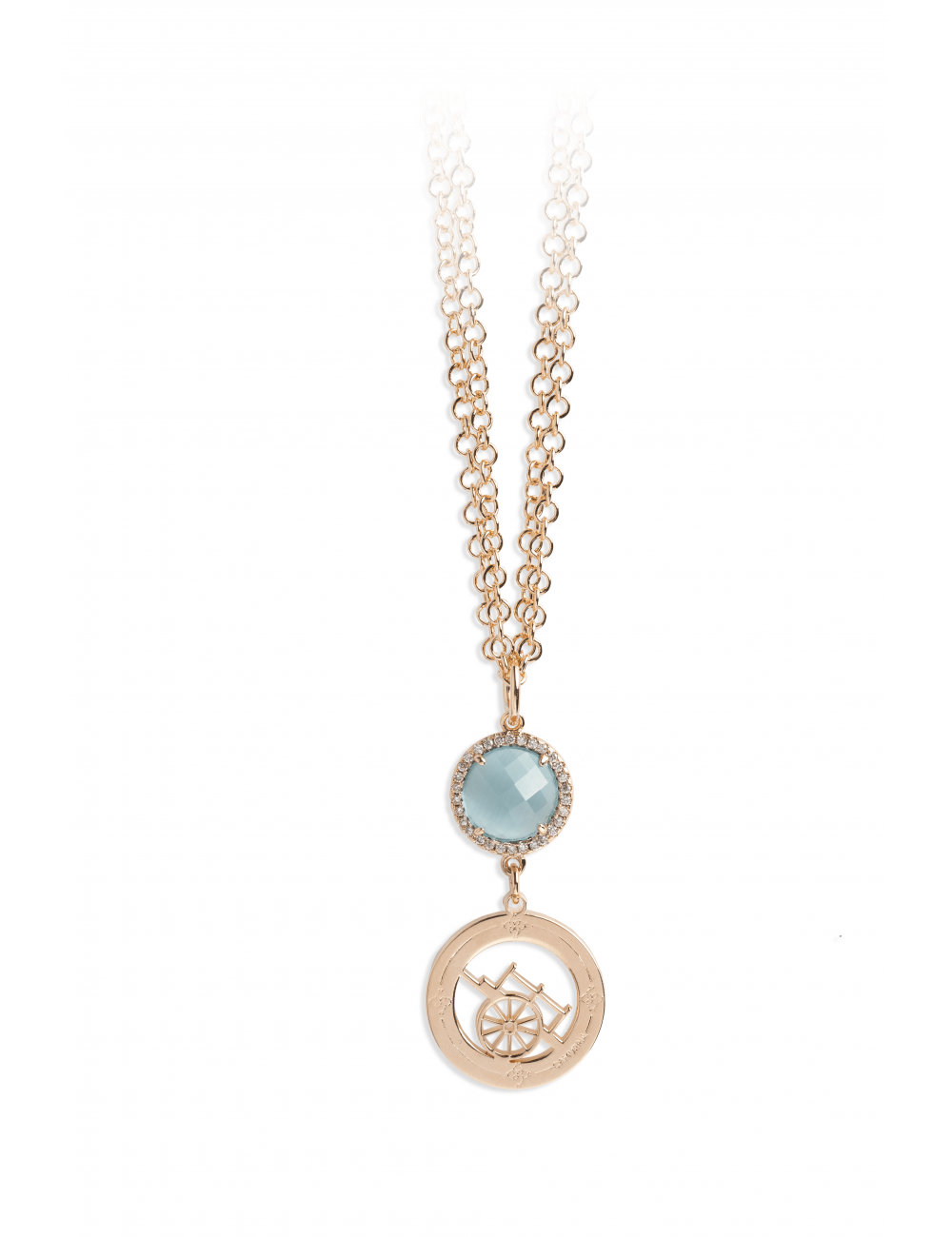 Collana Camurrìa U Carrettu 2 Fili Pvd Oro Rosa Pendente Pietra Azzurra e Carretto