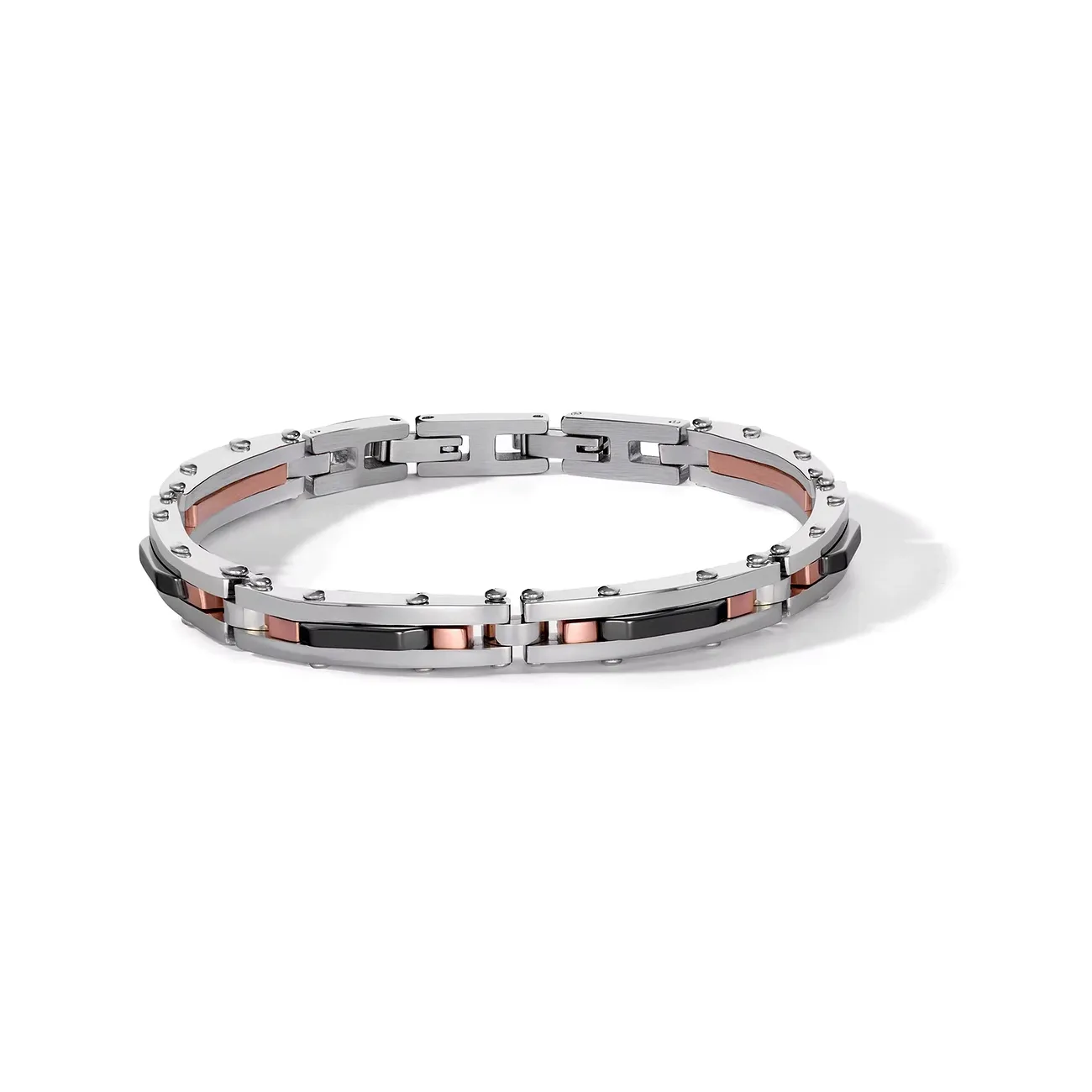 Bracciale Semirigido Comete Acciaio Inserti Pvd Oro Rosa Bacchettine Ceramica Nera