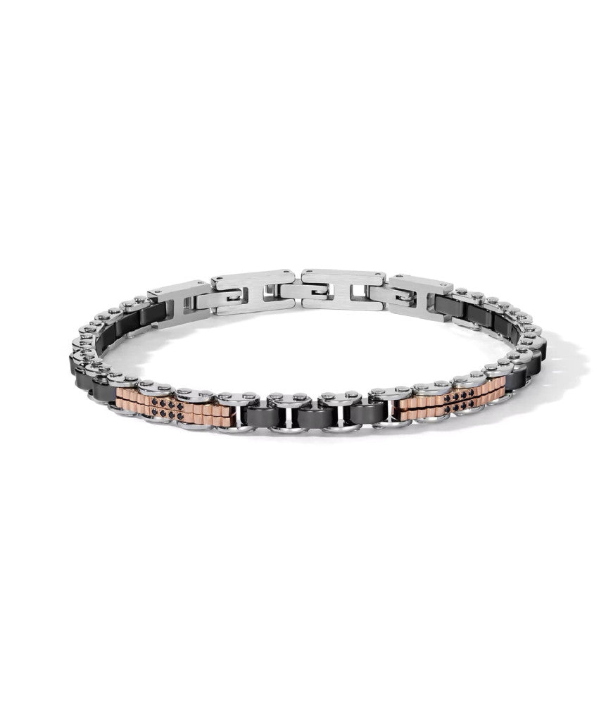 Bracciale Comete Ceramik Acciaio Ceramica Nera Piastrine Pvd Oro Rosa Zirconi Neri