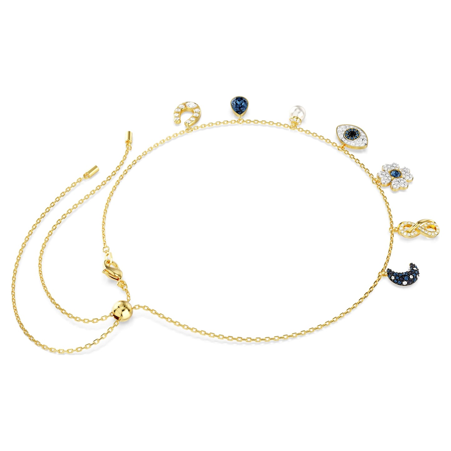 Collana Swarovski Girocollo Symbolica Crystal Pearl, Luna, infinito, quadrifoglio, evil eye e ferro di cavallo, Blu, Placcato color oro