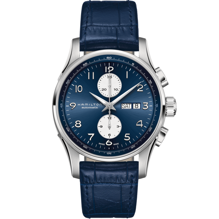 Orologio Hamilton Jazzmaster Maestro Automatico Chrono 45 mm Acciaio Cinturino Pelle Blu Quadrante Blu