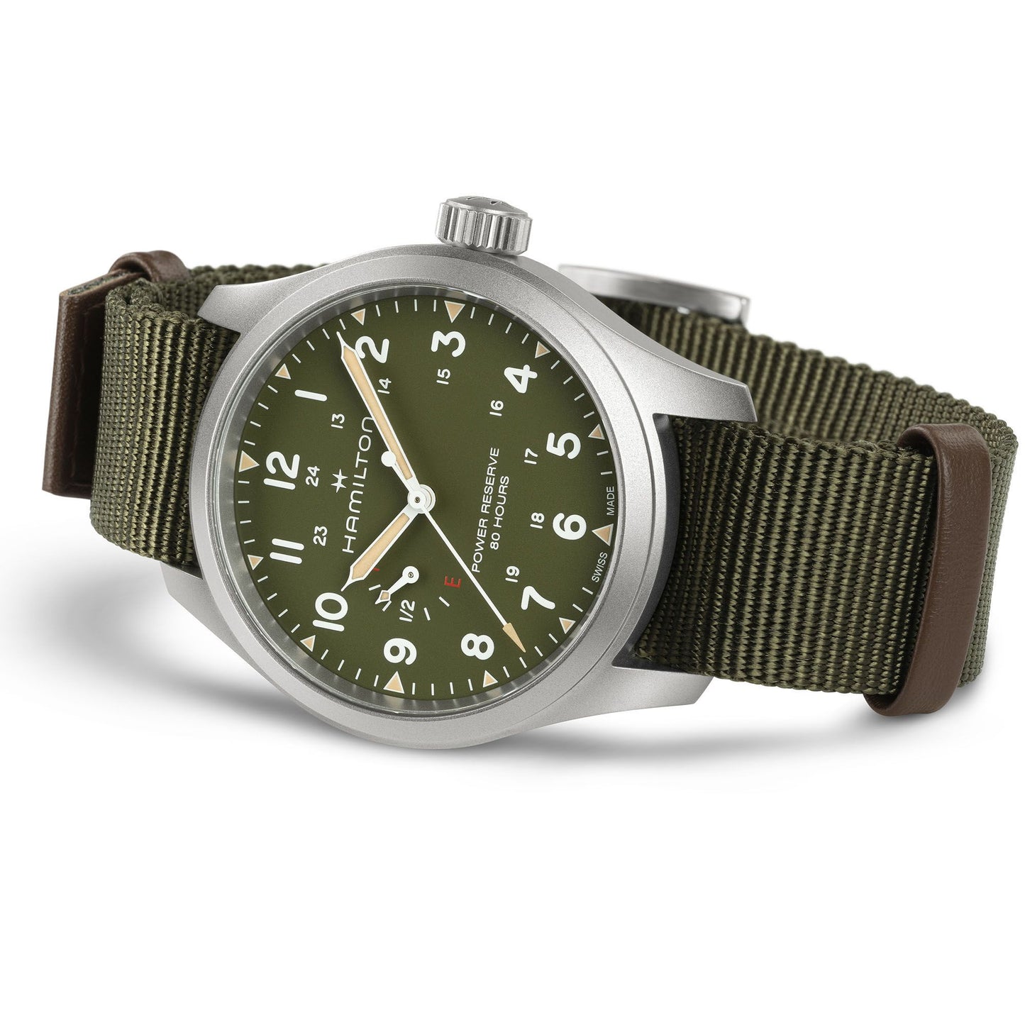 Orologio Hamilton Khaki Field Mechanical Power Reserve 40 Mm Acciaio Satinato Cinturino Canvas Verde/Marrone