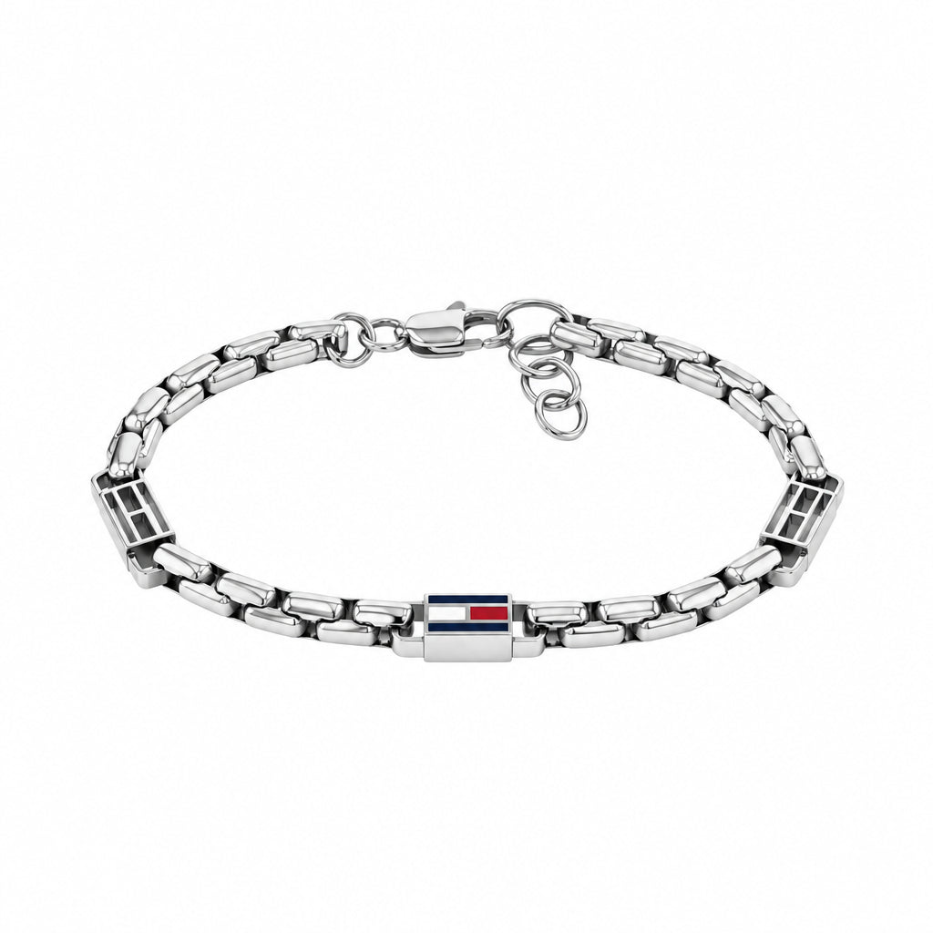 Bracciale Uomo Tommy Hilfiger 3Dflm Acciaio Maglia Tubolare Con 2 Elementi Traforati + 1 Logo Smaltato