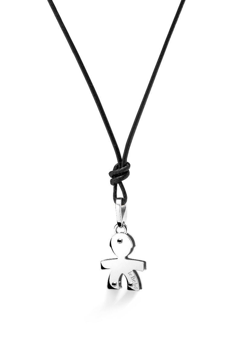 Ciondolo Lebebé I Classici Pendente Bimbo Oro Bianco 9 Kt Cuore Pavè Diamanti Cordino Nero