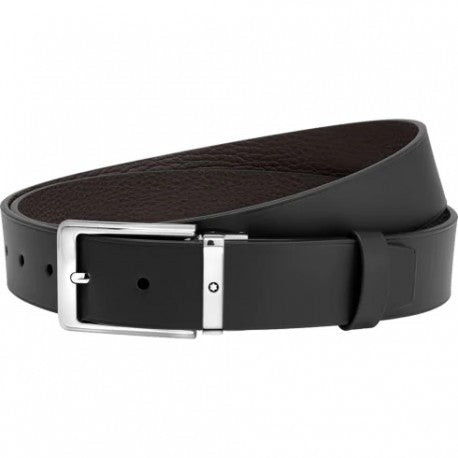 Cinture Montblanc Casual Line Cintura Reversibile Pelle Nera/Marrone Fibbia Ardiglione Rettangolare Arrotondata Finitura Palladio Lucido 35 mm