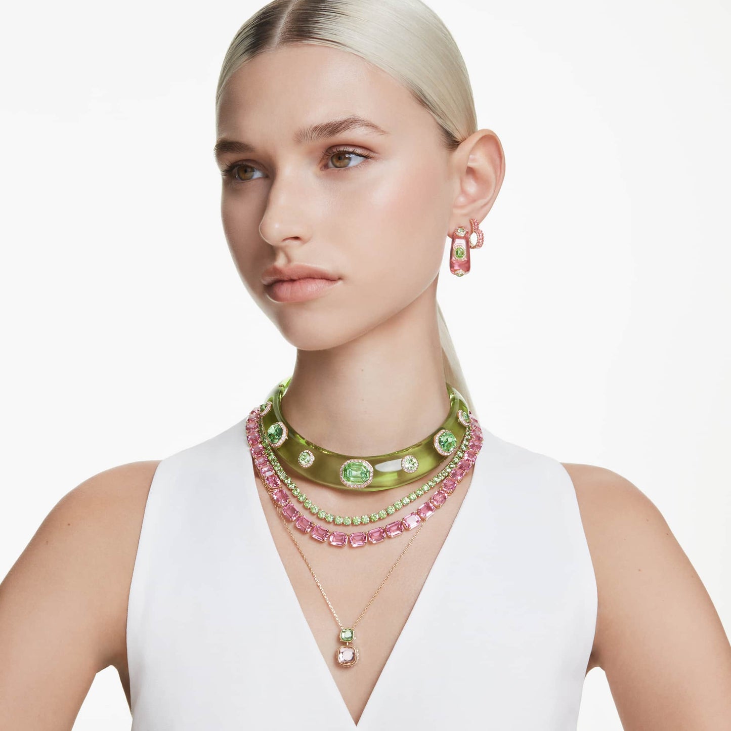 Orecchini a cerchio Swarovski Matrix Taglio baguette, Cuore, Piccoli, Rosa, Placcato color oro