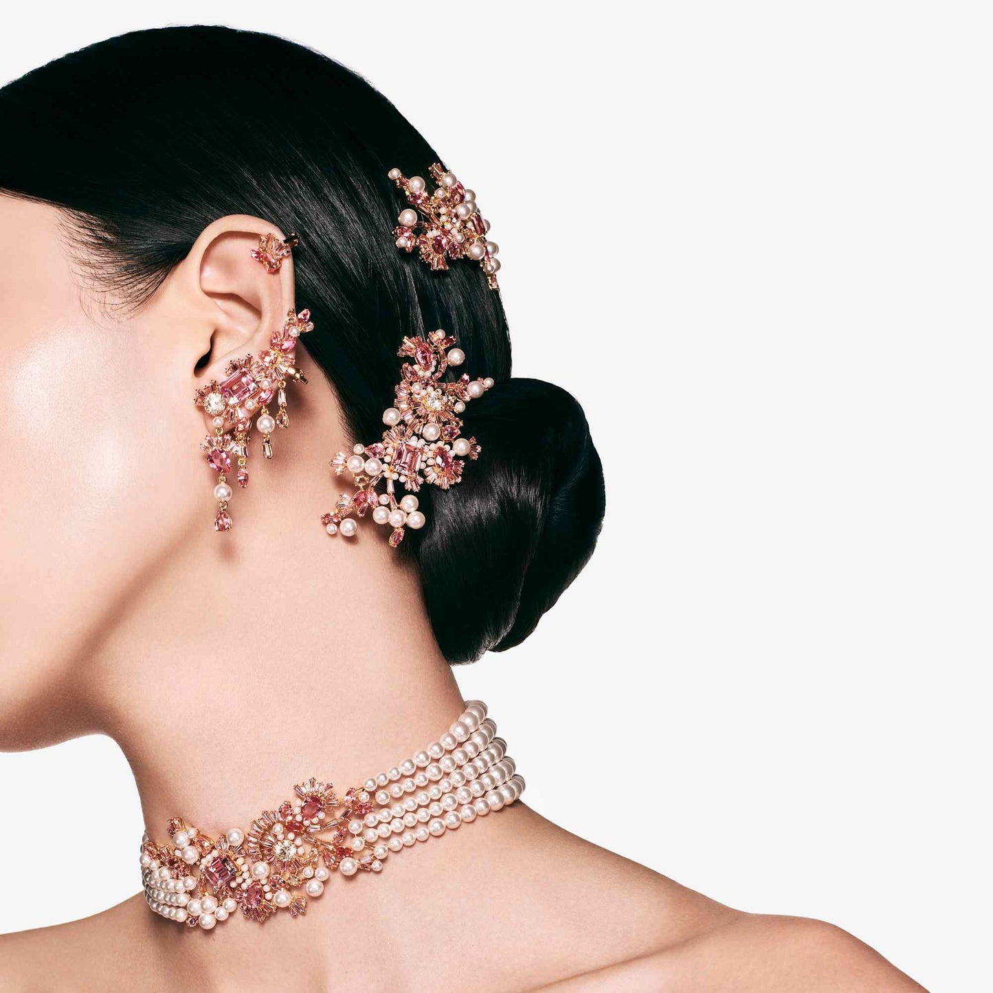 Orecchini a clip Swarovski Gema Taglio misto, Fiore, Rosa, Placcato color oro