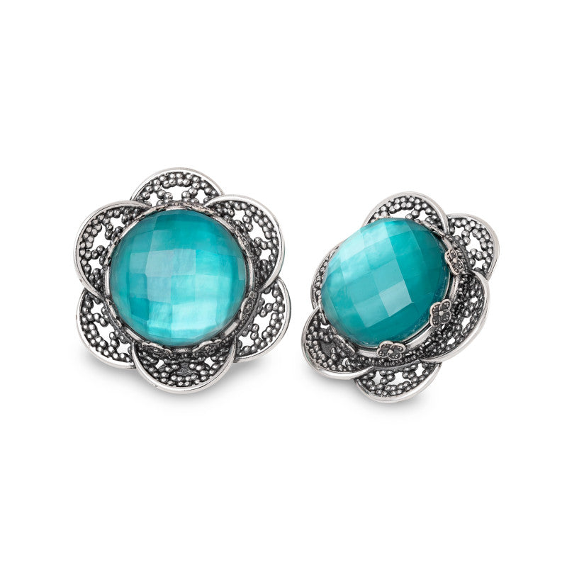 Orecchini Gerardo Sacco Ninfea Aperta Lobo Argento Pietra Cabochon Sfaccettata Verde