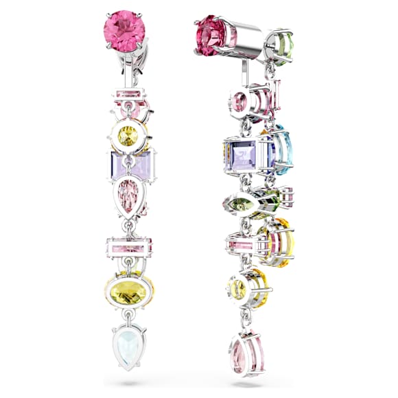 Orecchini Pendenti Swarovski Re Gema Design asimmetrico, Taglio misto, Lunghi, Multicolore, Placcato rodio