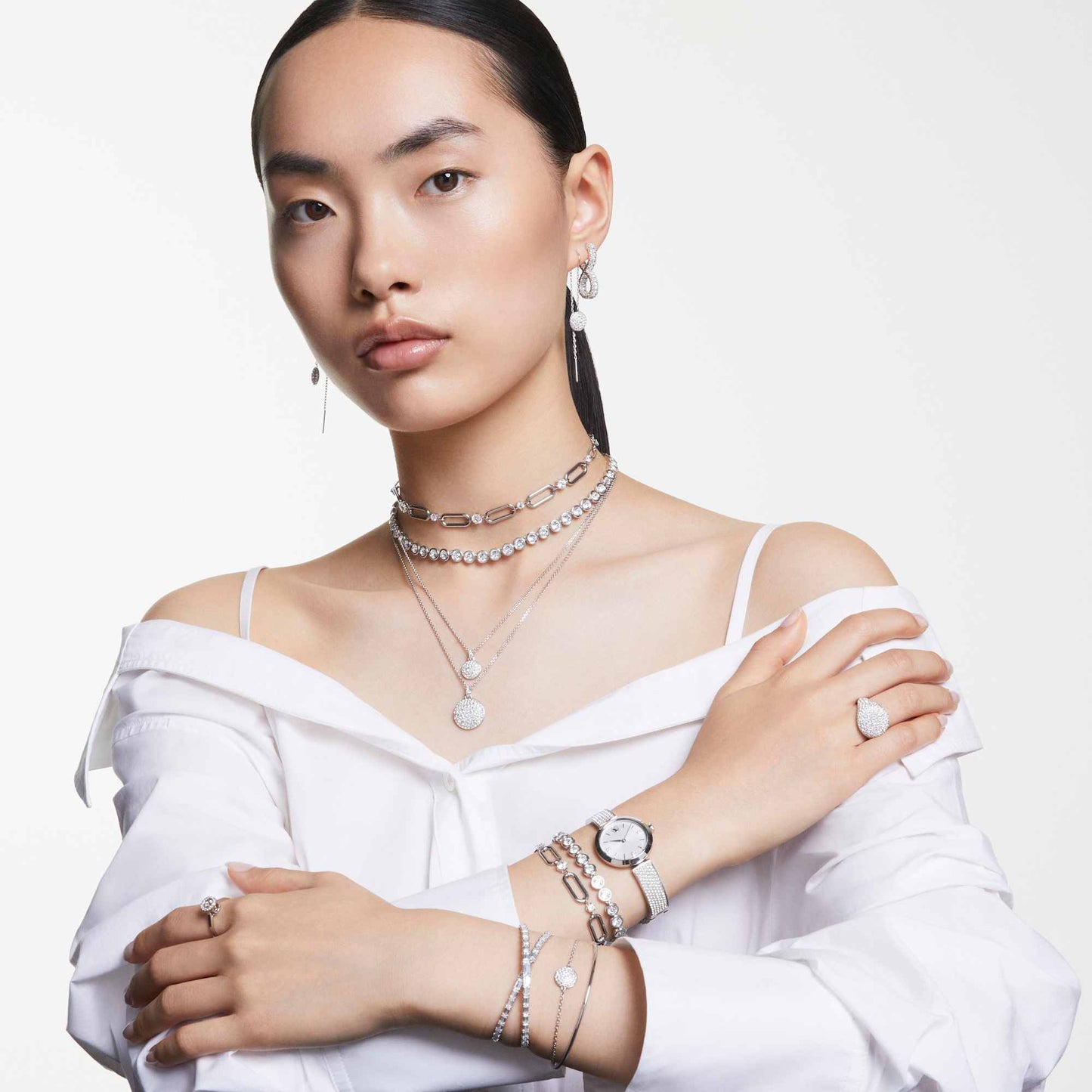 Orecchini pendenti Swarovski Sublima Bianchi, Placcato rodio