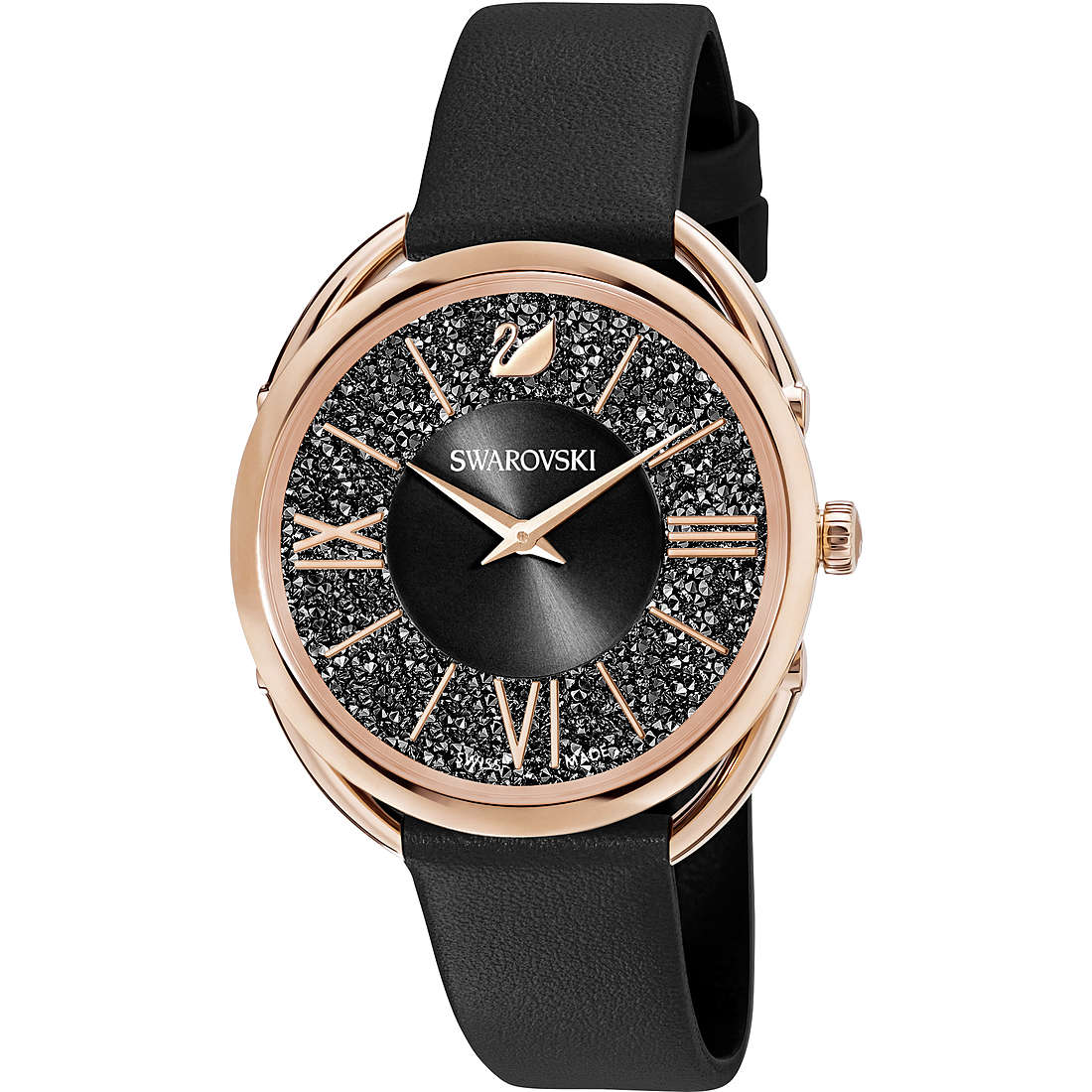 Orologio Swarovski Crystalline Glam 35 mm Cinturino in Pelle Nera, Pvd Oro Rosa