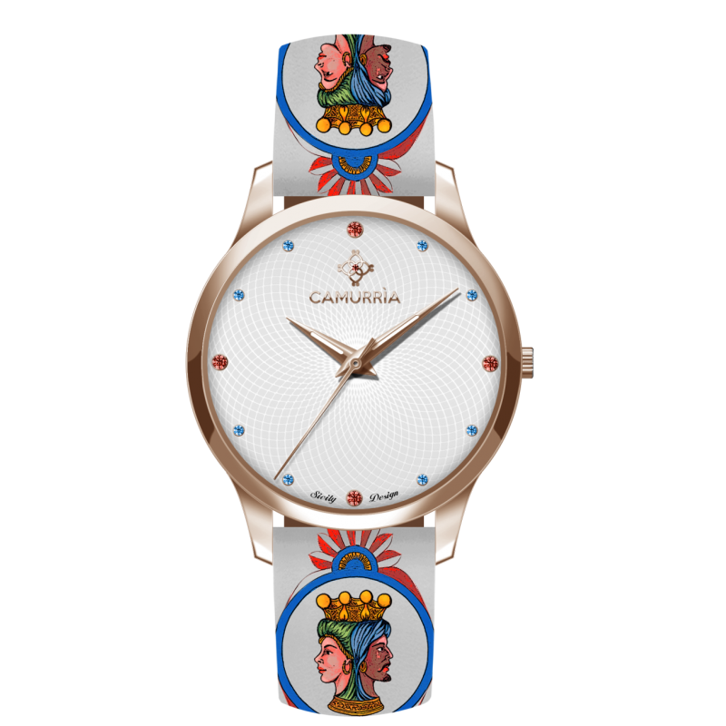Orologio Camurrìa I Beddi 37 mm Pvd Oro Rosa Cinturino Stampe Siciliane Teste di Moro