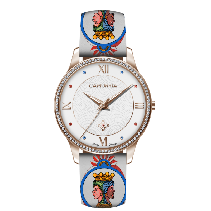 Orologio Camurrìa I Beddi 37 mm Pvd Oro Rosa Cinturino Stampe Siciliane Teste di Moro