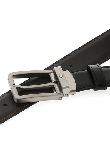 Cinture Montblanc Belt-Rect Shiny Titanium Cintura Reversibile Pelle Nera Marrone