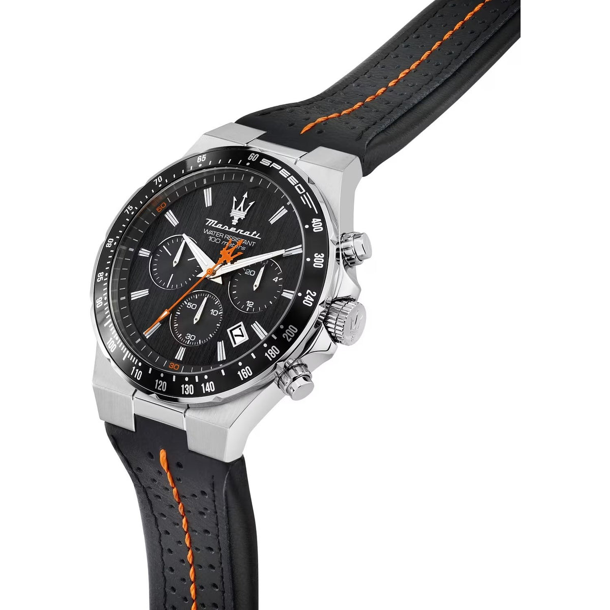 Orologio Maserati Sfida Chrono 41 Mm Acciaio Pelle Nera Cuciture Arancio