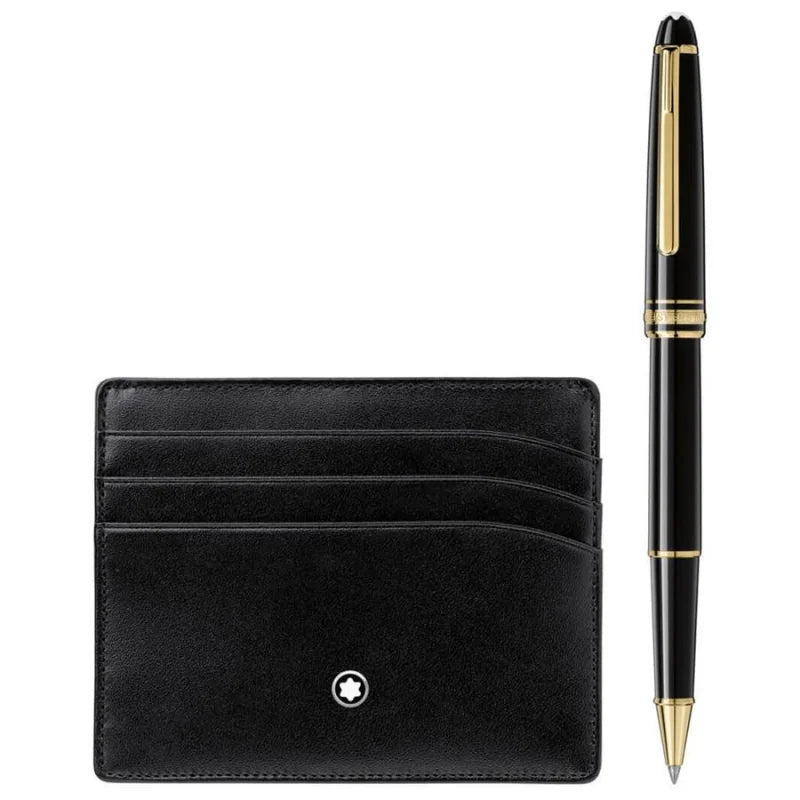 Set Uomo Montblanc Meisterstuck Gold Line Classique Penna Roller + Porta Carte Di Credito