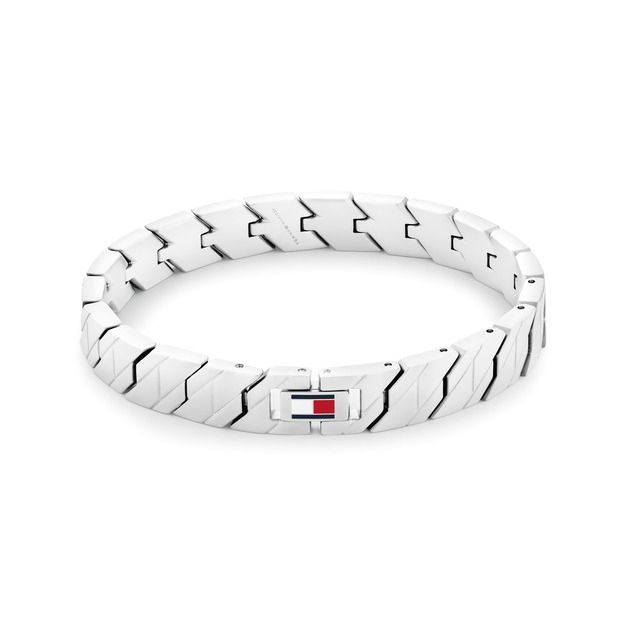 Bracciale Uomo Tommy Hilfiger Lars Acciaio Satinato Disegni Geometrici Chiusura Logo Smalto Bianco/Rosso/Blu
