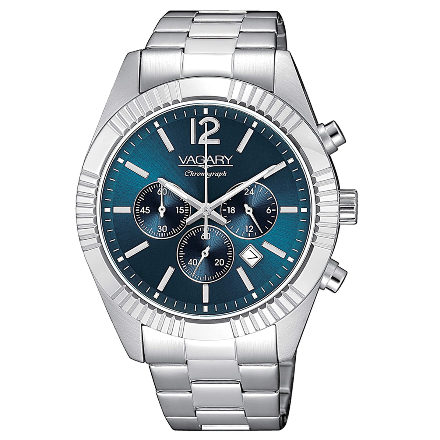 Orologio Vagary Timeless Crono Chrono 41 mm Acciaio Braccialato Blu Indici Arabi Silver Ghiera Zigrinata