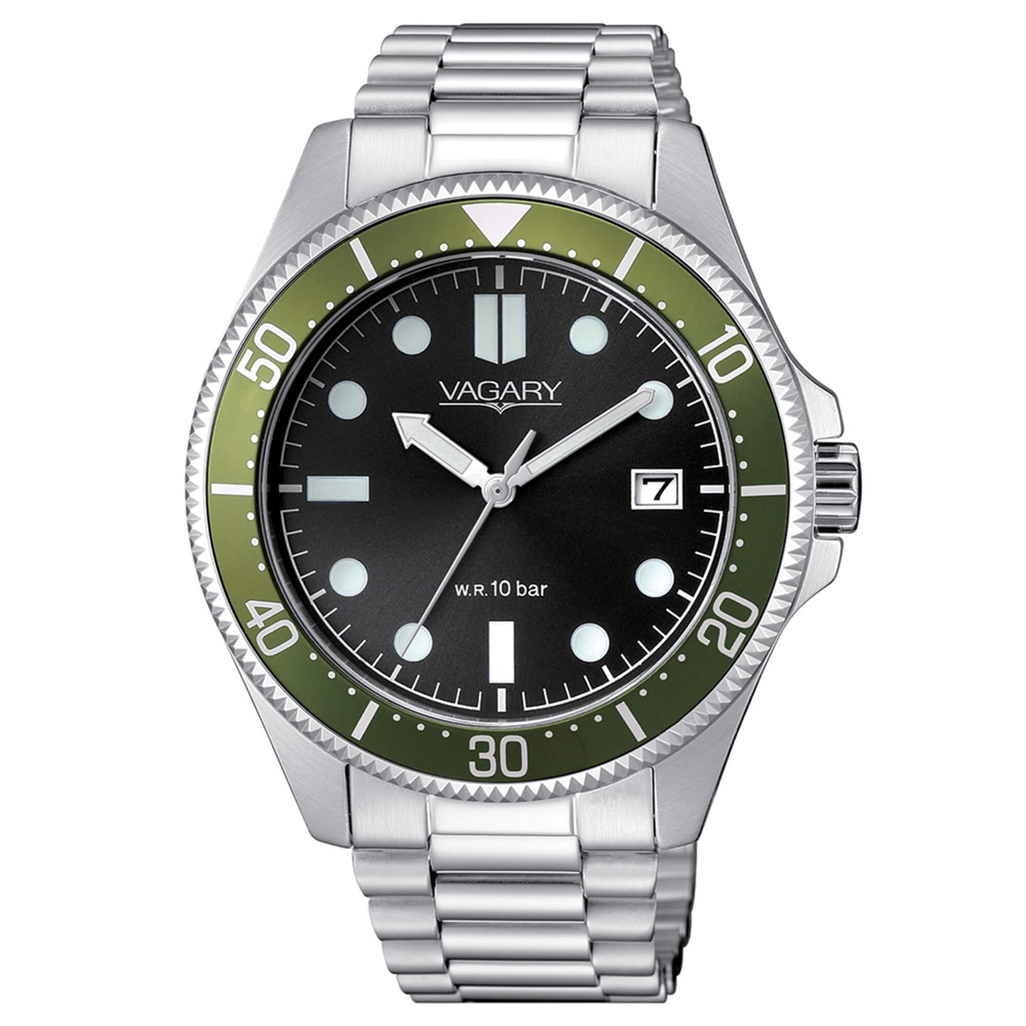 Orologio Vagary Aqua39 41 mm Acciaio Braccialato Nero Indici Bianchi Ghiera Pvd Verde