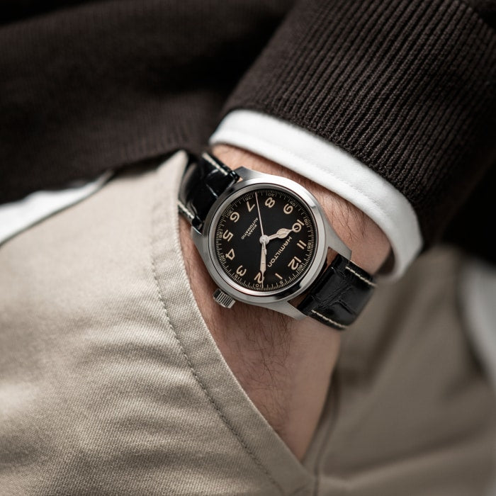 Orologio Hamilton Khaki Field Murph Auto 38 mm Acciaio Cinturino Pelle Martellata Nero