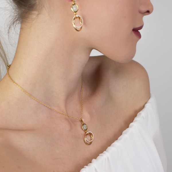Collana Boccadamo Mediterranea Magic Circle Bronzo Pvd Oro Pendente Pietra Verde Acqua e Doppio Cerchio