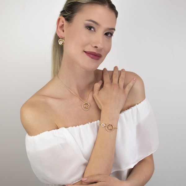 Collana Boccadamo Mediterranea Magic Circle Bronzo Pvd Oro Pendente con Pietra Rosa