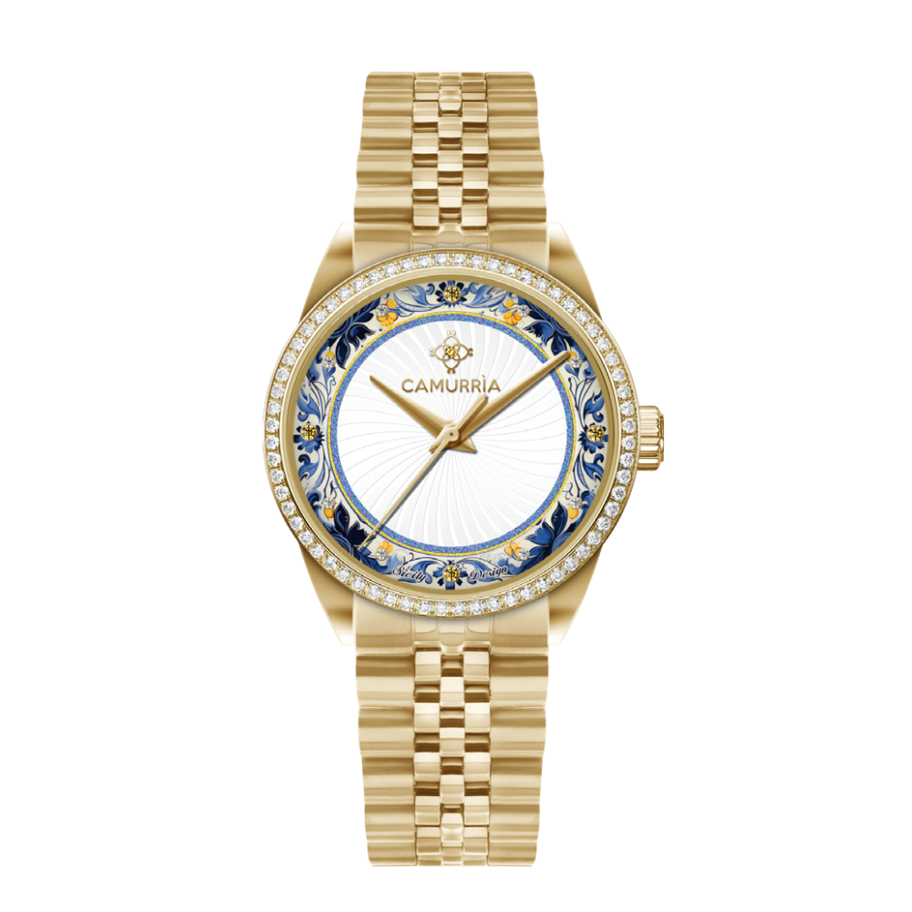 Orologio Camurrìa Fascinoso Strass 30 Mm Pvd Oro Braccialato Fiori Blu e Gialli