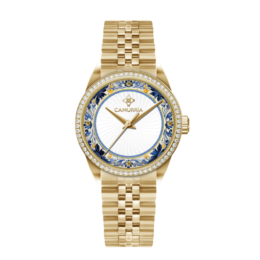 Orologio Camurrìa Fascinoso Strass 30 Mm Pvd Oro Braccialato Fiori Blu e Gialli