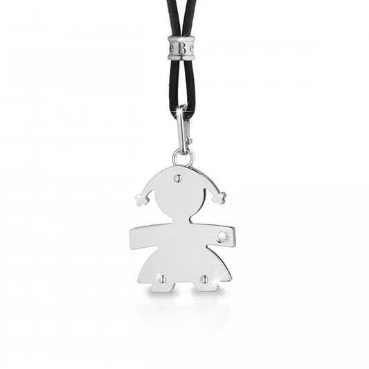Ciondolo Lebebé Bimba Piccola Oro Bianco 9 Kt Cordino Nero