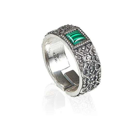 Anello a Fascia Regolabile Gerba Argento Antichizzato Malachite Verde