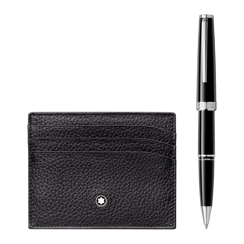 Set Regalo Montblanc Penna Pix Resina Nera e Portacarte Di Credito Pelle Nera