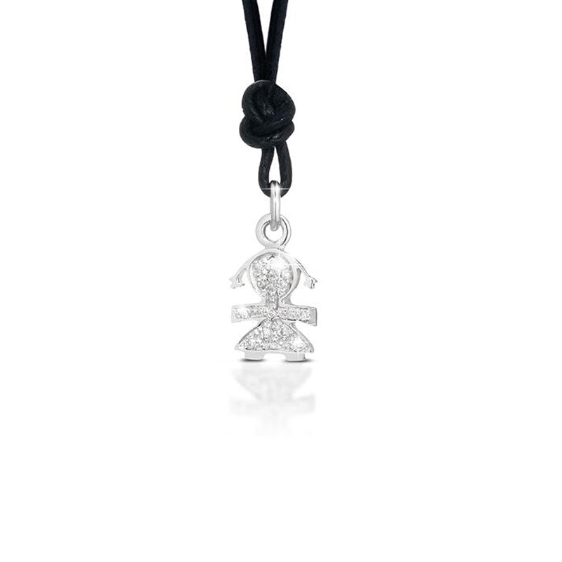 Ciondolo Lebebé Bimba Mini Oro Bianco 18 Kt Pavè Diamanti Cordino Nero