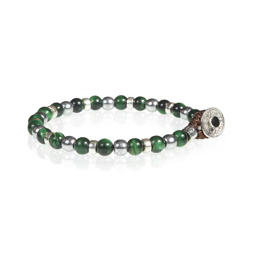 Bracciale Gerba Lab Sfere Occhio Di Tigre Verde Ematite Chiara Distanziatori in Metallo Chiusura Argento