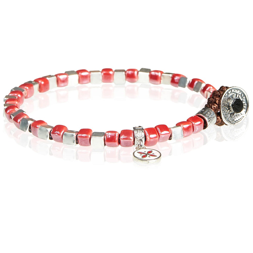 Bracciale Gerba Silver Ceramic Elementi in Ceramica Rossa , Dadini e Chiusura in Argento